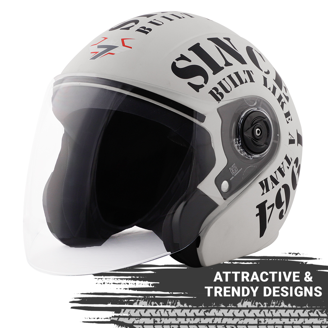 Steelbird SB-43 Yoyo Tank Open Face Graphic Helmet (Matt Off White Black With Clear Visor)
