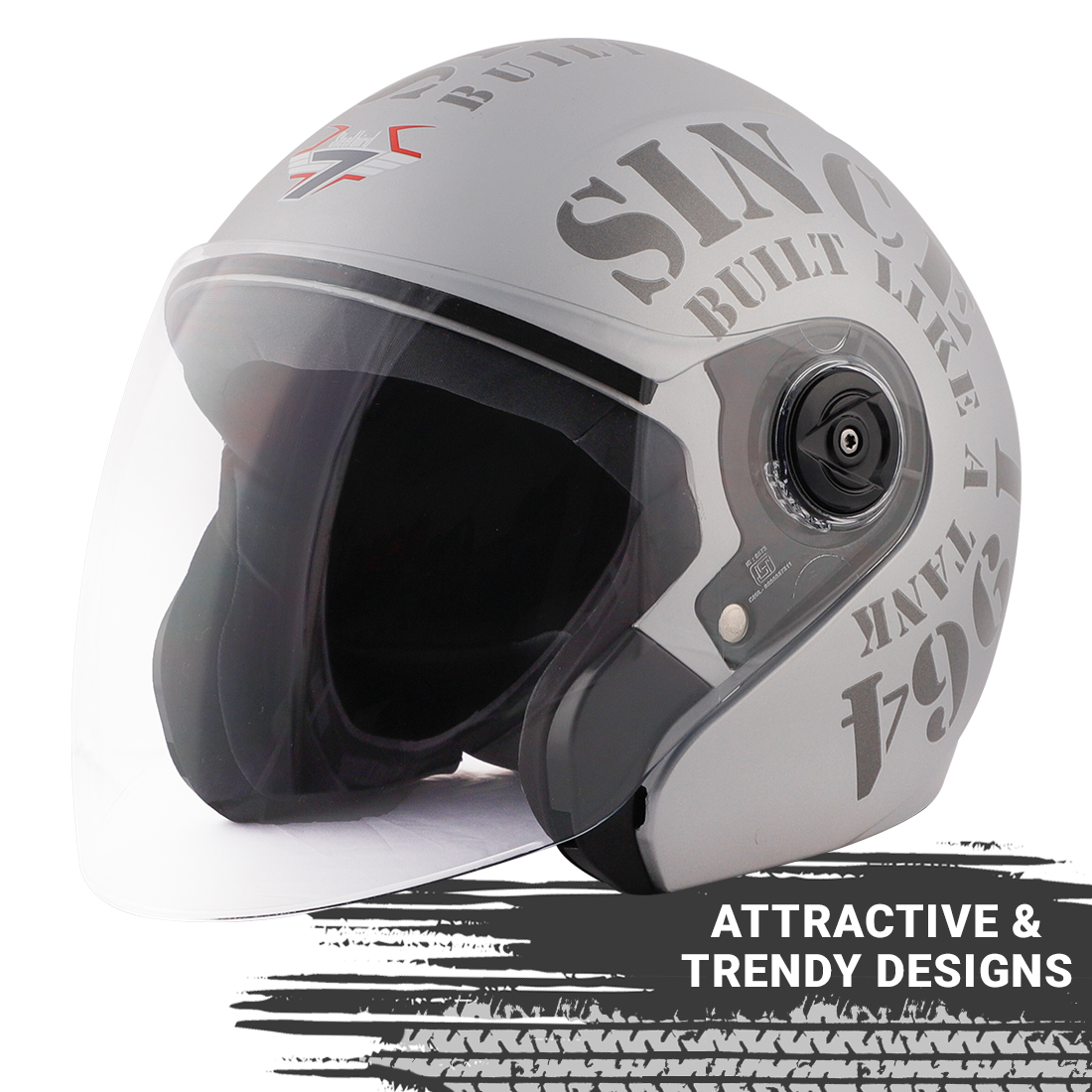 Steelbird SB-43 Yoyo Tank Open Face Graphic Helmet (Matt Silver Grey With Clear Visor)