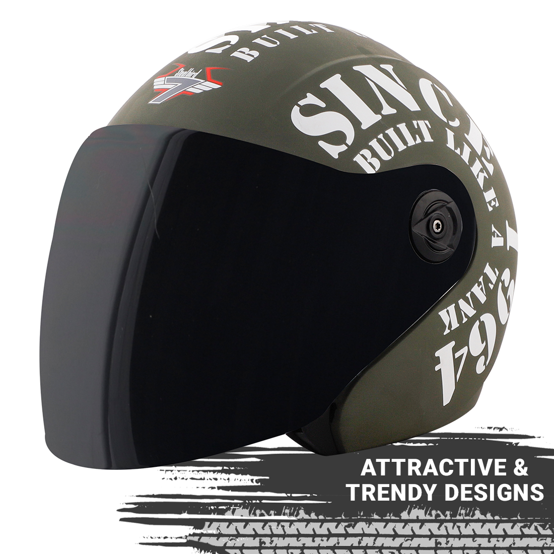 Steelbird SB-43 Yoyo Tank Open Face Graphic Helmet (Matt Battle Green White With Smoke Visor)
