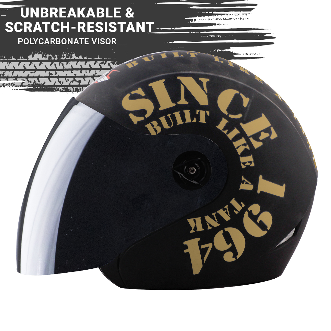 Steelbird SB-43 Yoyo Tank Open Face Graphic Helmet (Matt Black Gold With Smoke Visor)