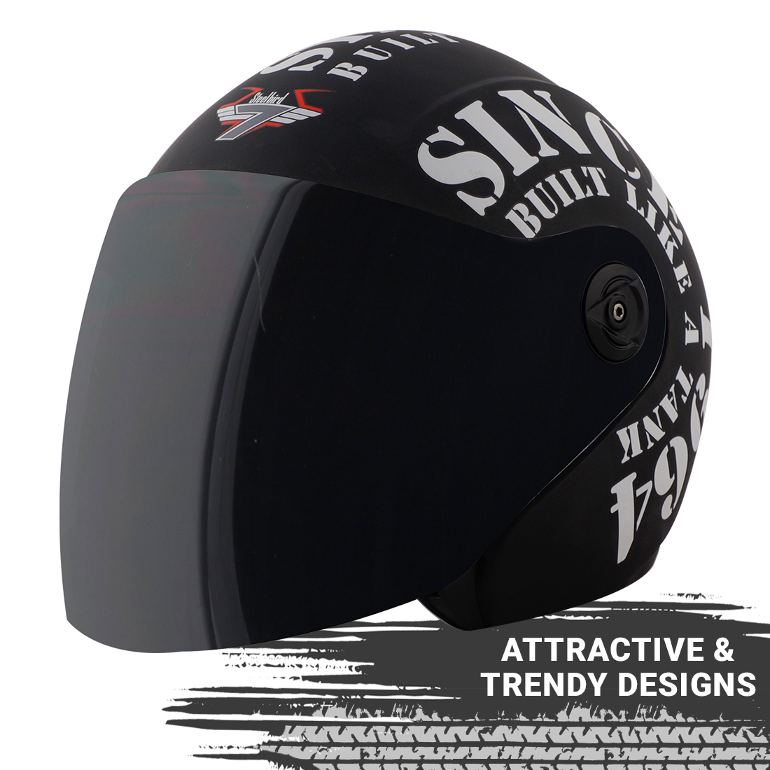Steelbird SB-43 Yoyo Tank Open Face Graphic Helmet (Matt Black White With Smoke Visor)