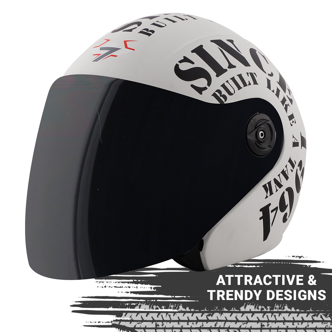 Steelbird SB-43 Yoyo Tank Open Face Graphic Helmet (Matt Off White Black With Smoke Visor)