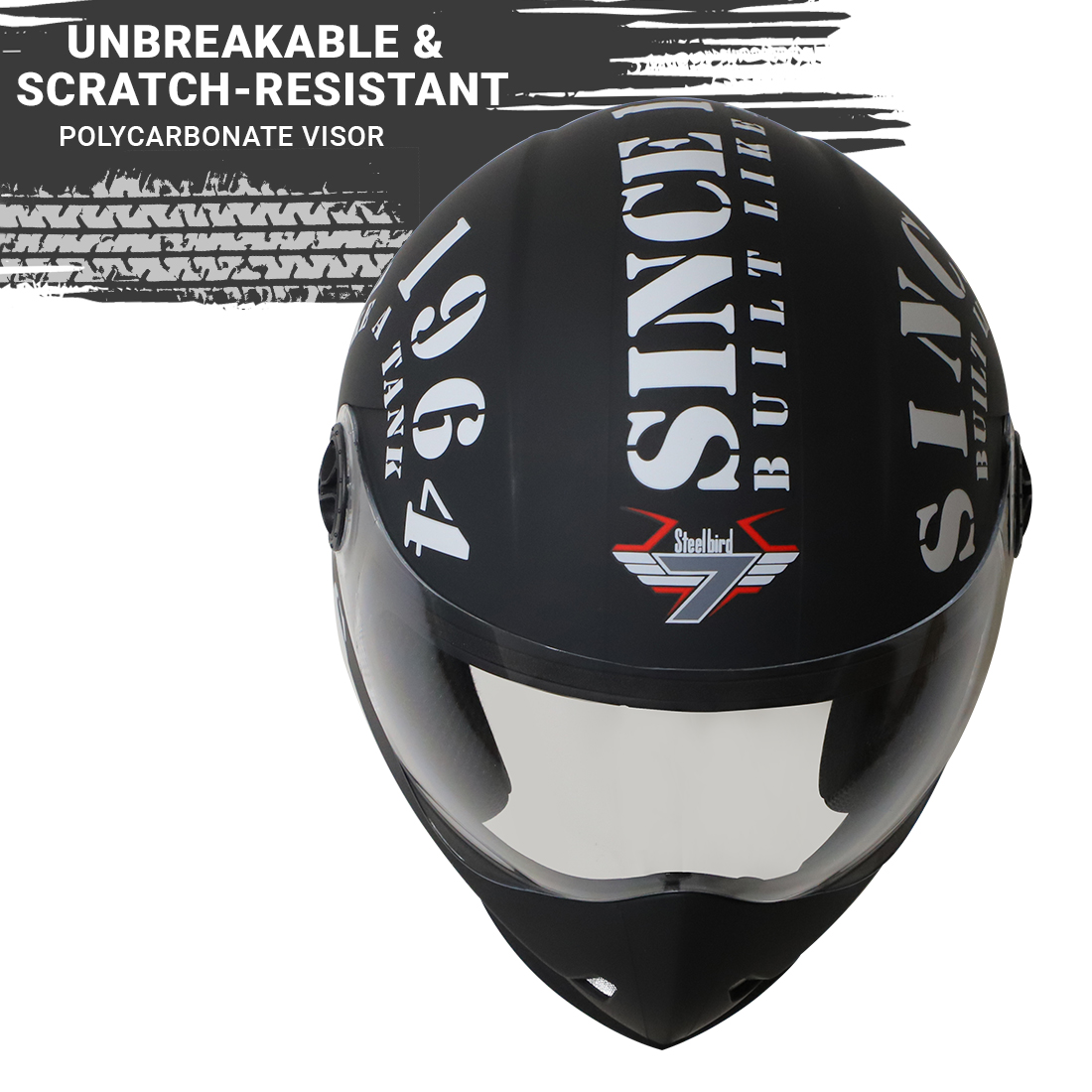 Steelbird SB-50 Adonis Tank Full Face Graphic Helmet Motorbike Helmet (Matt Black White With Clear Visor)