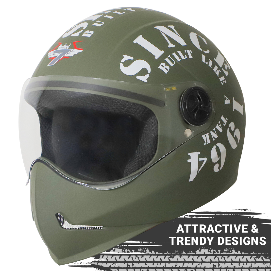 Steelbird SB-50 Adonis Tank Full Face Graphic Helmet Motorbike Helmet (Matt Battle Green White With Clear Visor)
