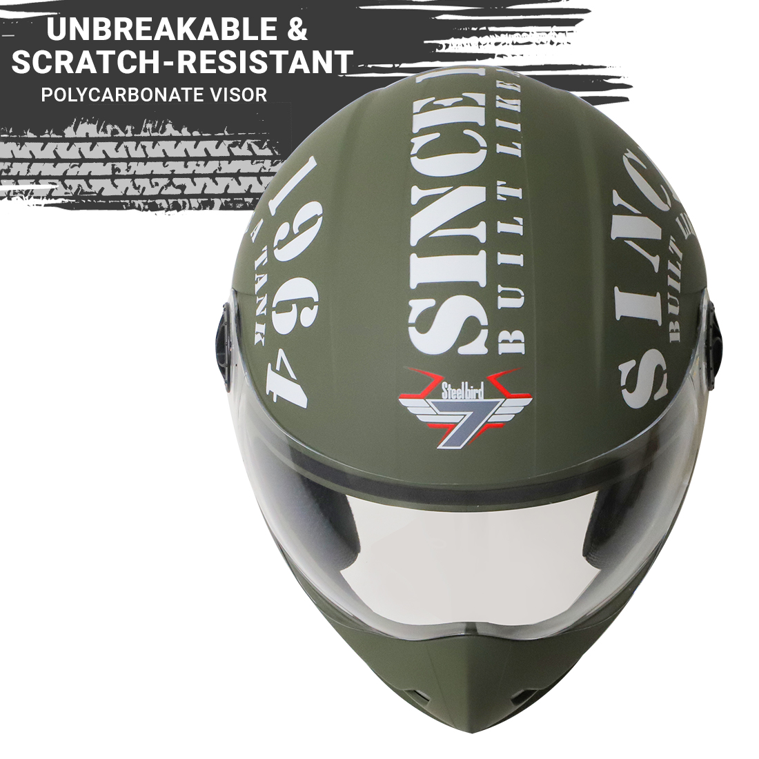 Steelbird SB-50 Adonis Tank Full Face Graphic Helmet Motorbike Helmet (Matt Battle Green White With Clear Visor)