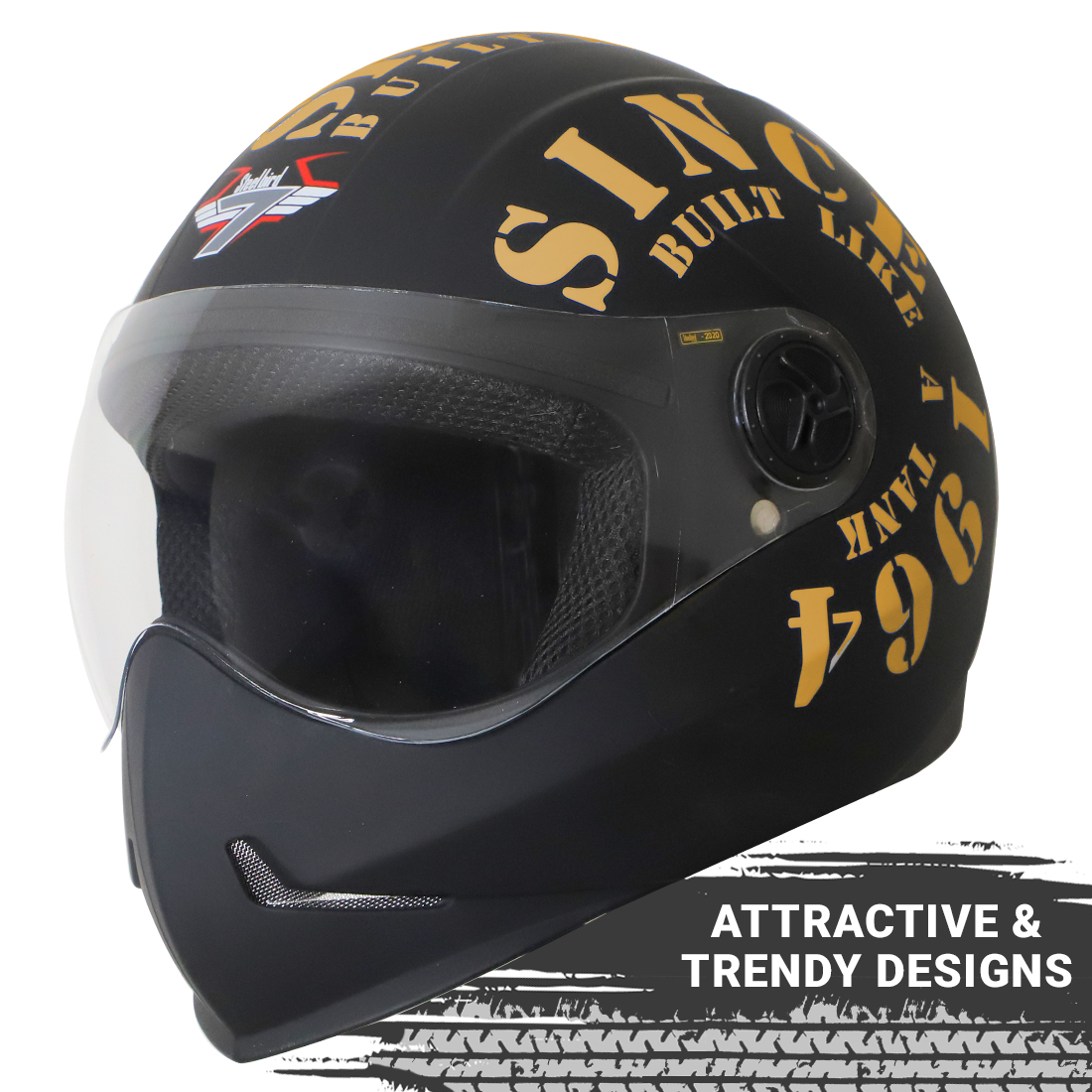 Steelbird SB-50 Adonis Tank Full Face Graphic Helmet Motorbike Helmet (Matt Black Gold With Clear Visor)