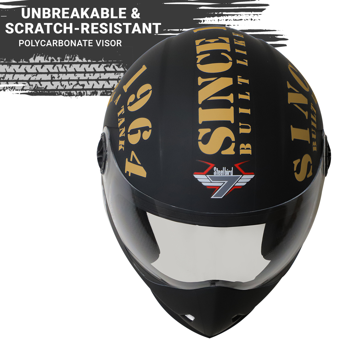 Steelbird SB-50 Adonis Tank Full Face Graphic Helmet Motorbike Helmet (Matt Black Gold With Clear Visor)
