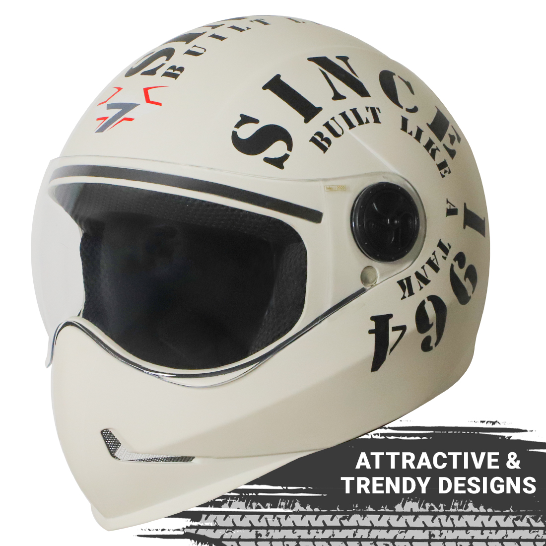 Steelbird SB-50 Adonis Tank Full Face Graphic Helmet Motorbike Helmet (Matt Off White Black With Clear Visor)
