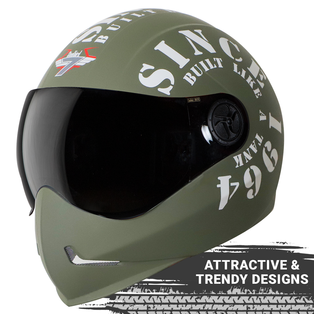 Steelbird SB-50 Adonis Tank Full Face Graphic Helmet Motorbike Helmet (Matt Battle Green White With Smoke Visor)