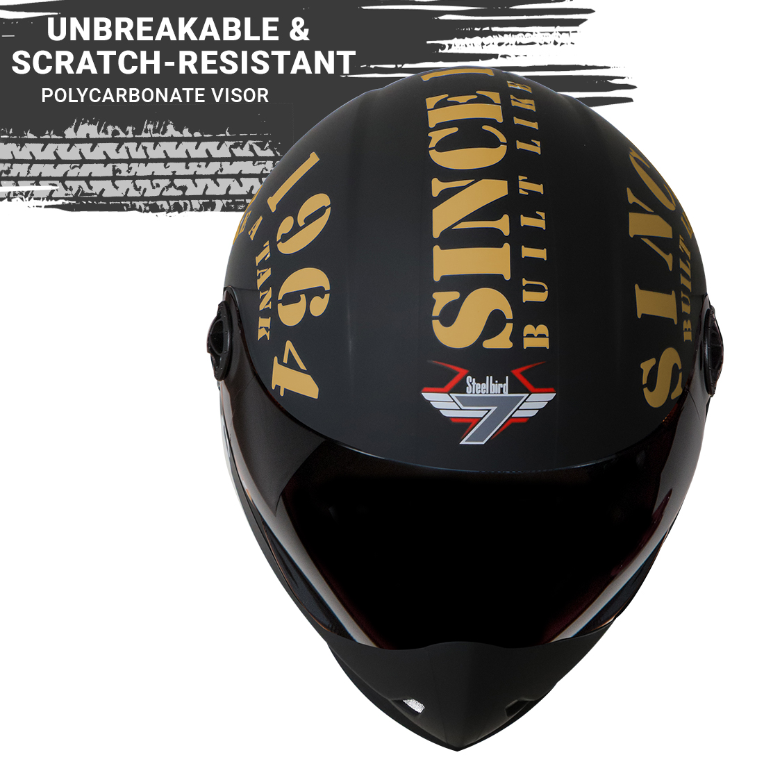 Steelbird SB-50 Adonis Tank Full Face Graphic Helmet Motorbike Helmet (Matt Black Gold With Smoke Visor)