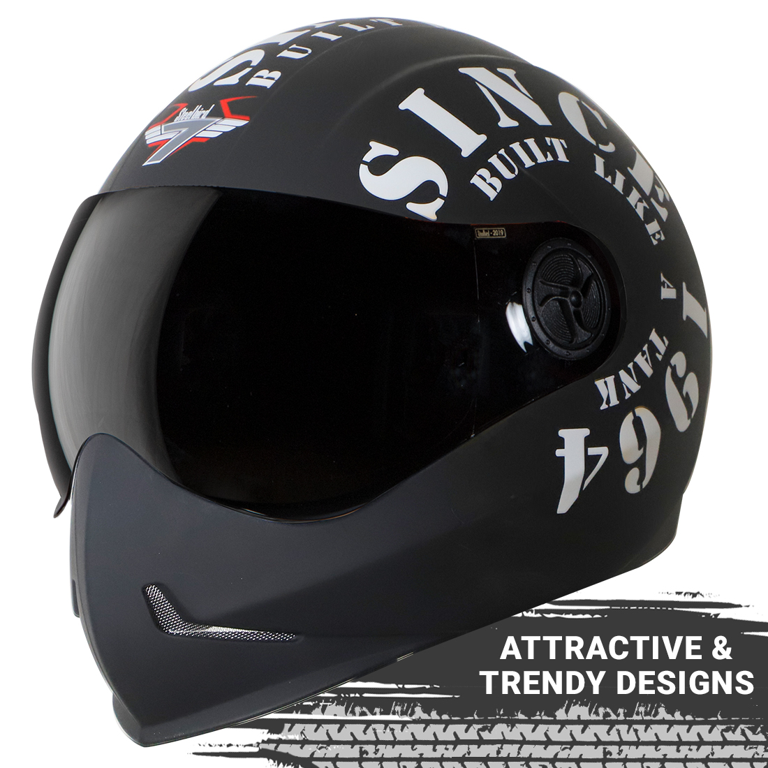 Steelbird SB-50 Adonis Tank Full Face Graphic Helmet Motorbike Helmet (Matt Black White With Smoke Visor)