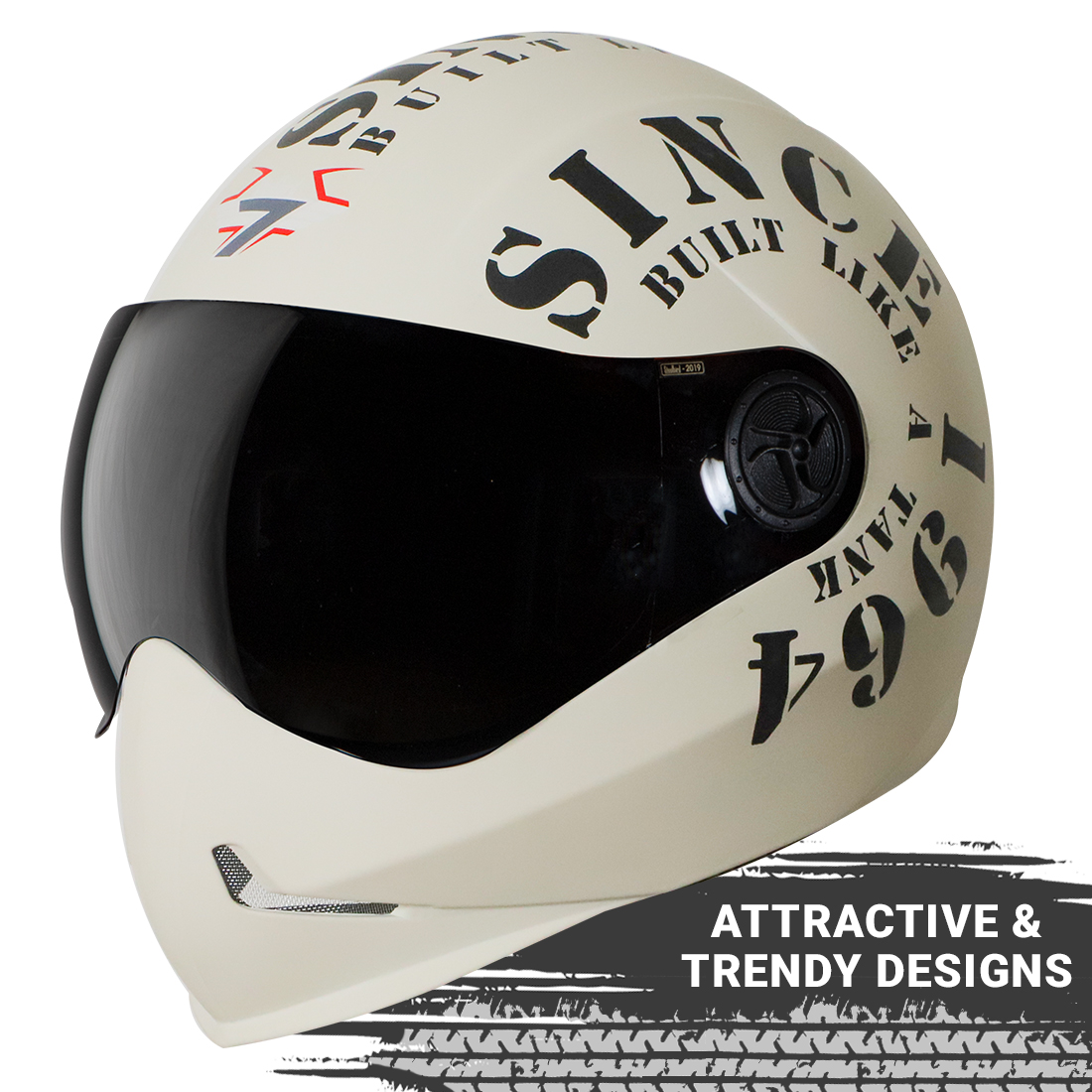 Steelbird SB-50 Adonis Tank Full Face Graphic Helmet Motorbike Helmet (Matt Off White Black With Smoke Visor)