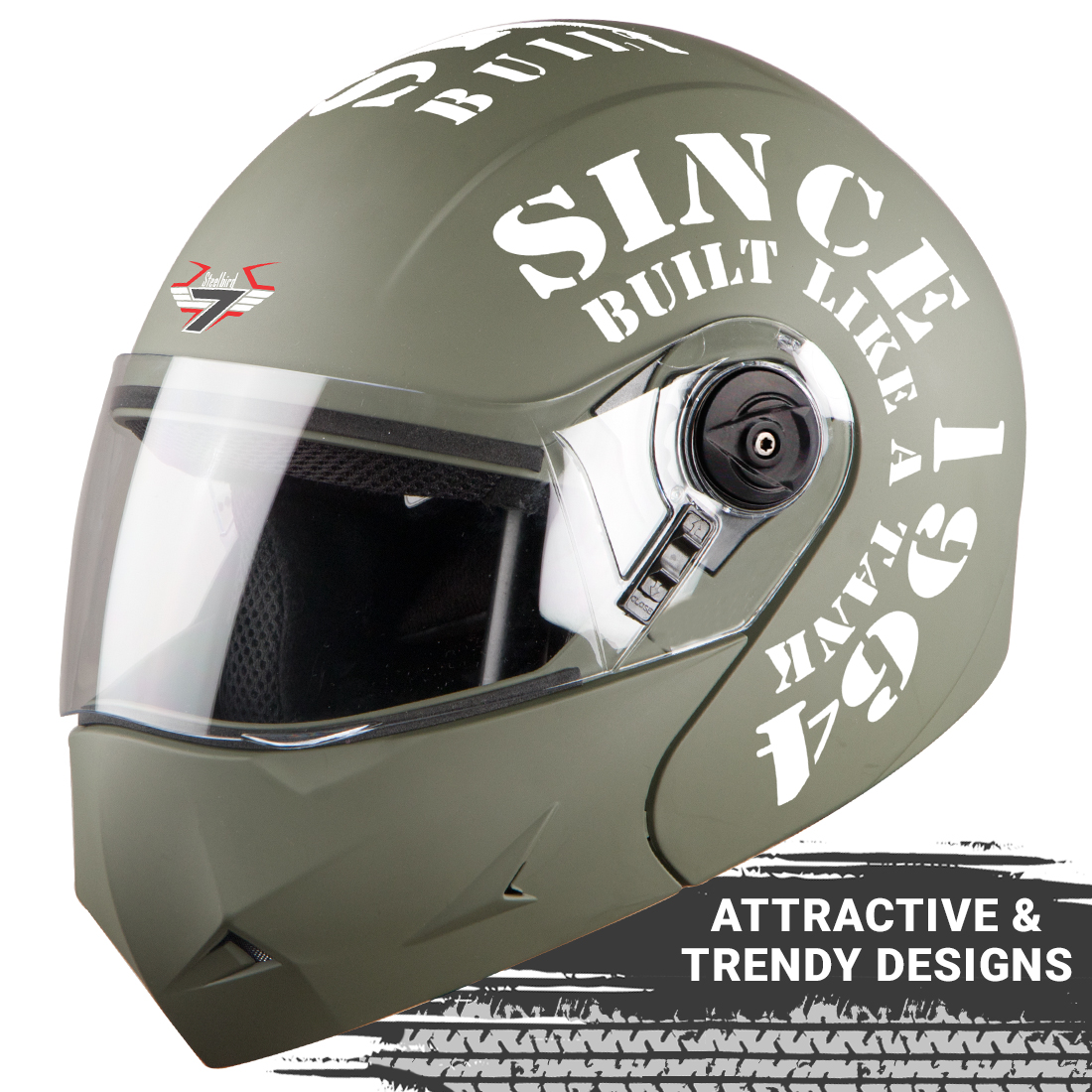 Steelbird SB-45 7Wings Award Tank Flip Up Graphic Helmet (Matt Battle Green White With Clear Visor)