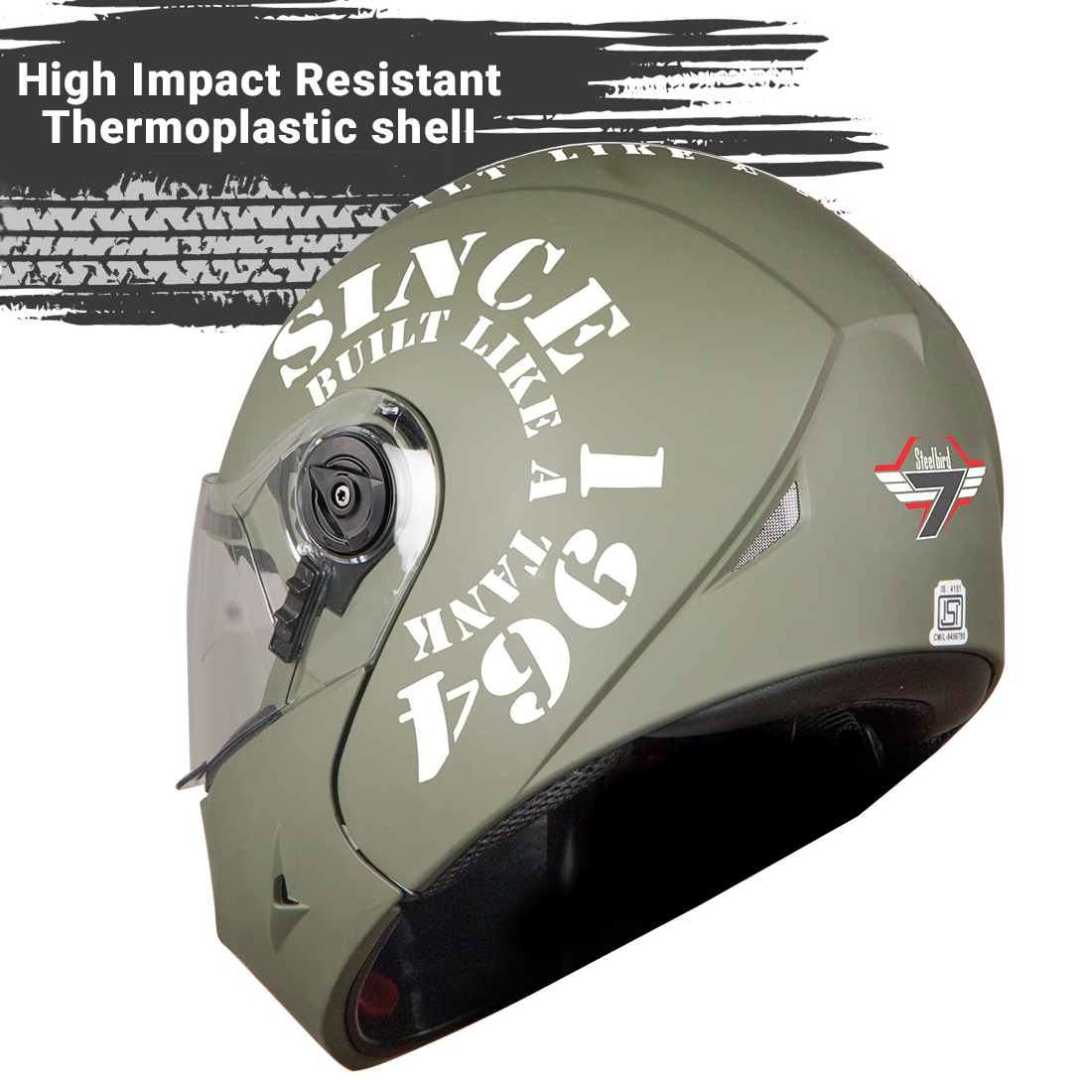 Steelbird SB-45 7Wings Award Tank Flip Up Graphic Helmet (Matt Battle Green White With Clear Visor)