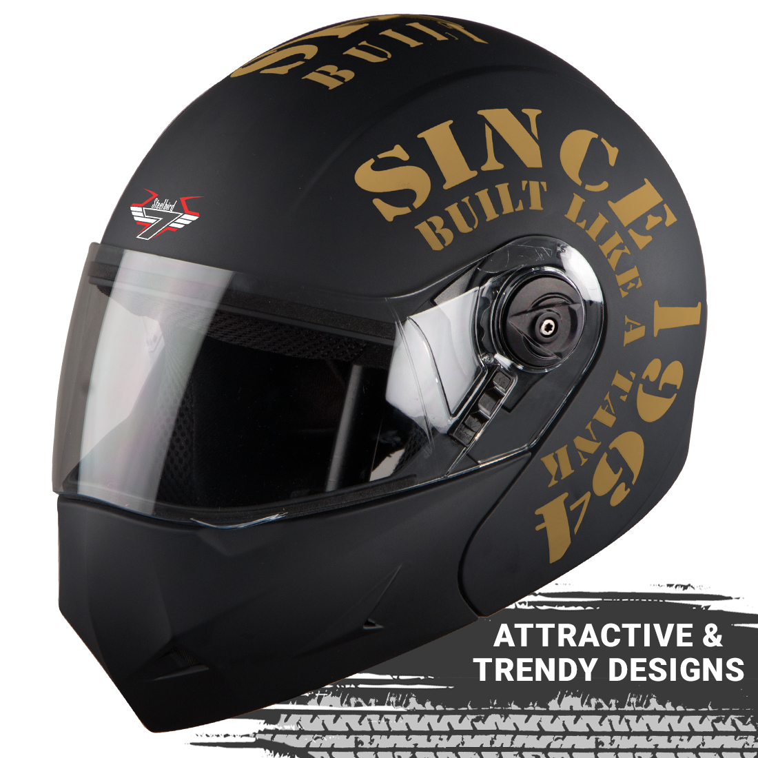 Steelbird SB-45 7Wings Award Tank Flip Up Graphic Helmet (Matt Black Gold With Clear Visor)