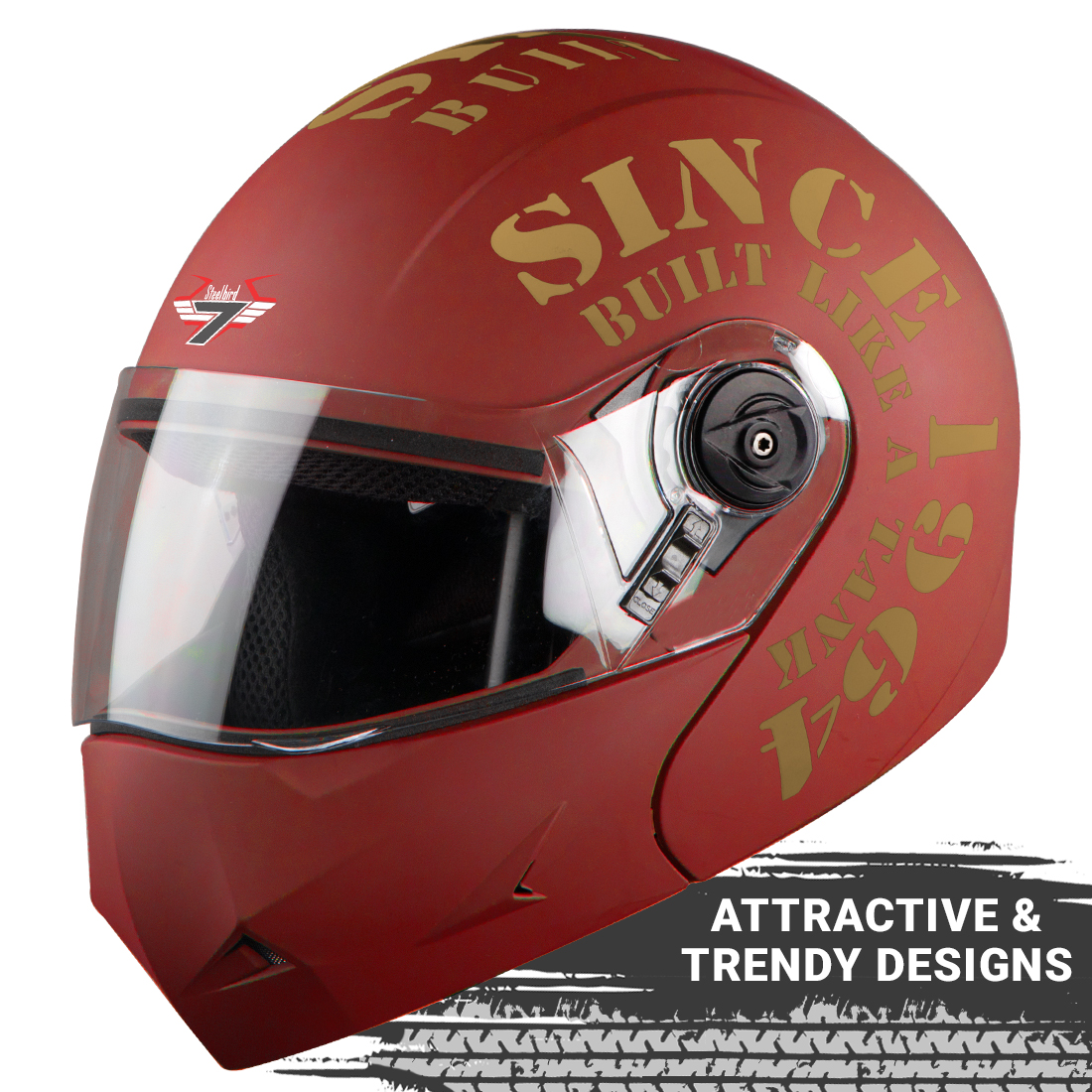 Steelbird SB-45 7Wings Award Tank Flip Up Graphic Helmet (Matt Maroon Gold With Clear Visor)