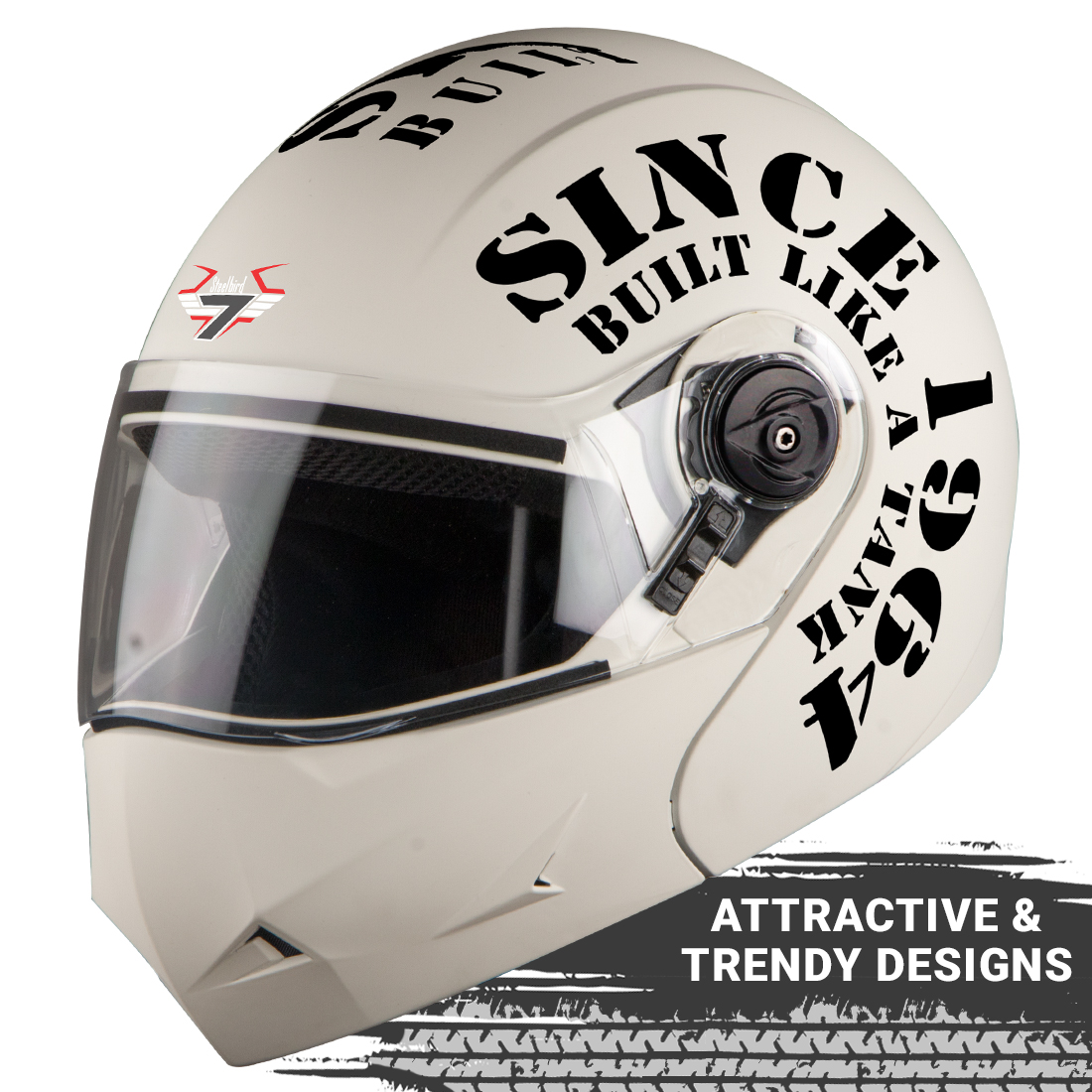 Steelbird SB-45 7Wings Award Tank Flip Up Graphic Helmet (Matt Off White Black With Clear Visor)