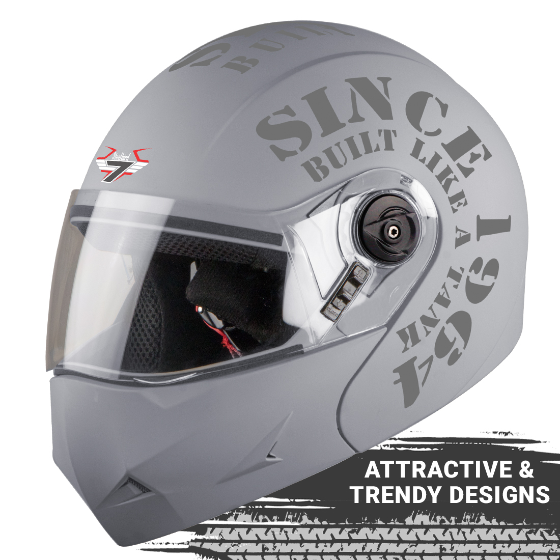 Steelbird SB-45 7Wings Award Tank Flip Up Graphic Helmet (Matt Silver Grey With Clear Visor)