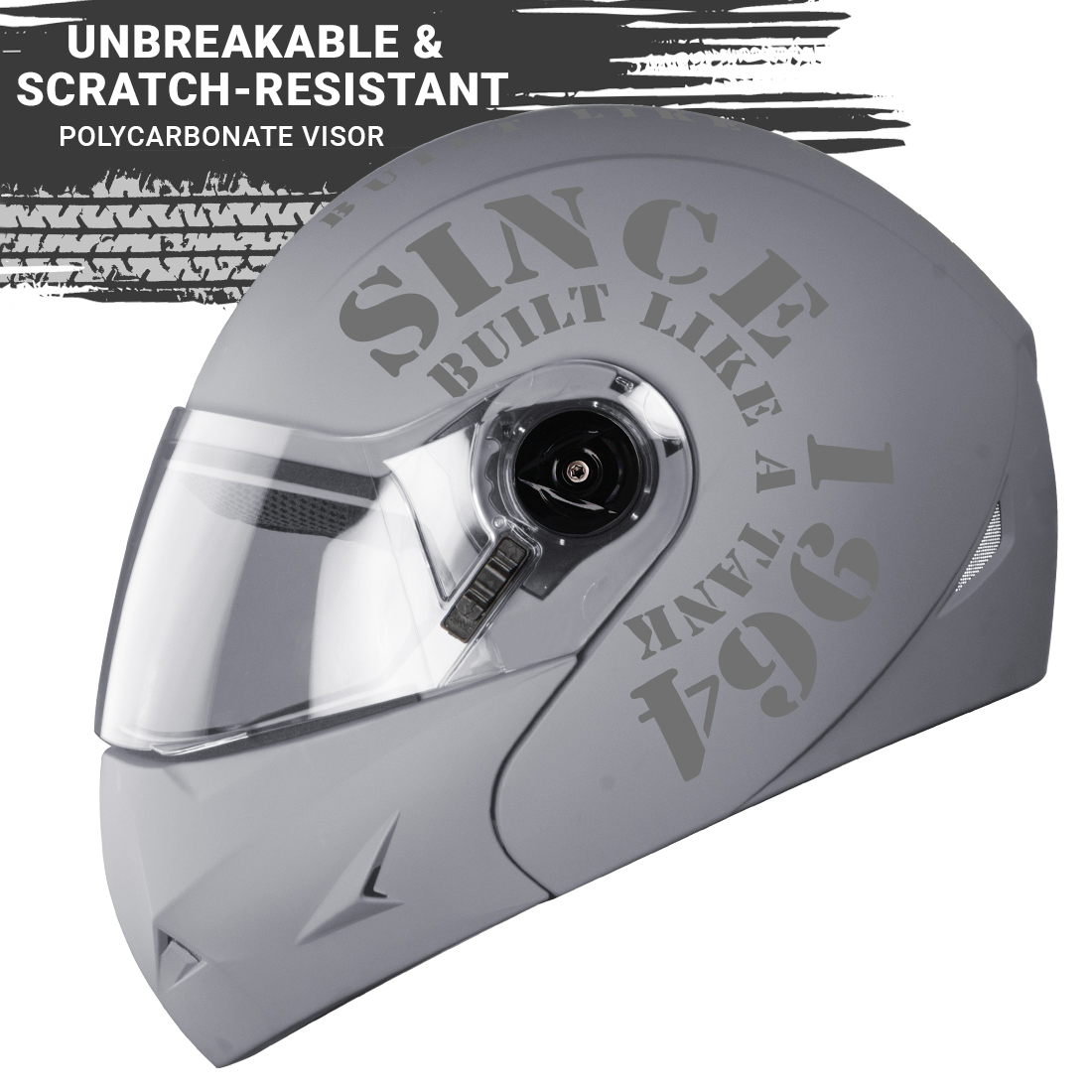 Steelbird SB-45 7Wings Award Tank Flip Up Graphic Helmet (Matt Silver Grey With Clear Visor)