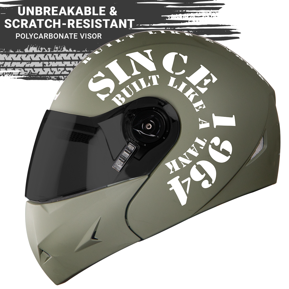 Steelbird SB-45 7Wings Award Tank Flip Up Graphic Helmet (Matt Battle Green White With Smoke Visor)