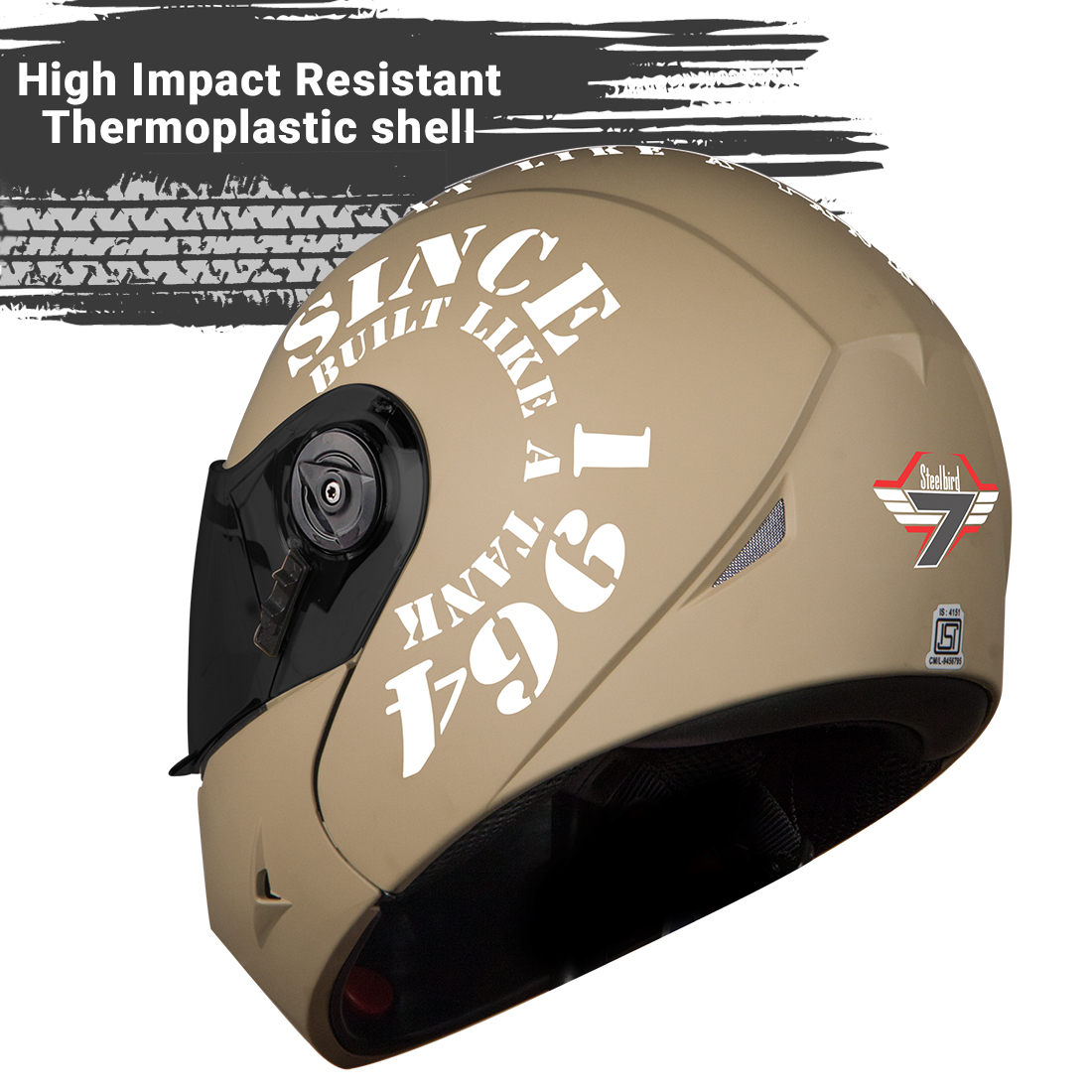 Steelbird SB-45 7Wings Award Tank Flip Up Graphic Helmet (Matt Desert Storm White With Smoke Visor)