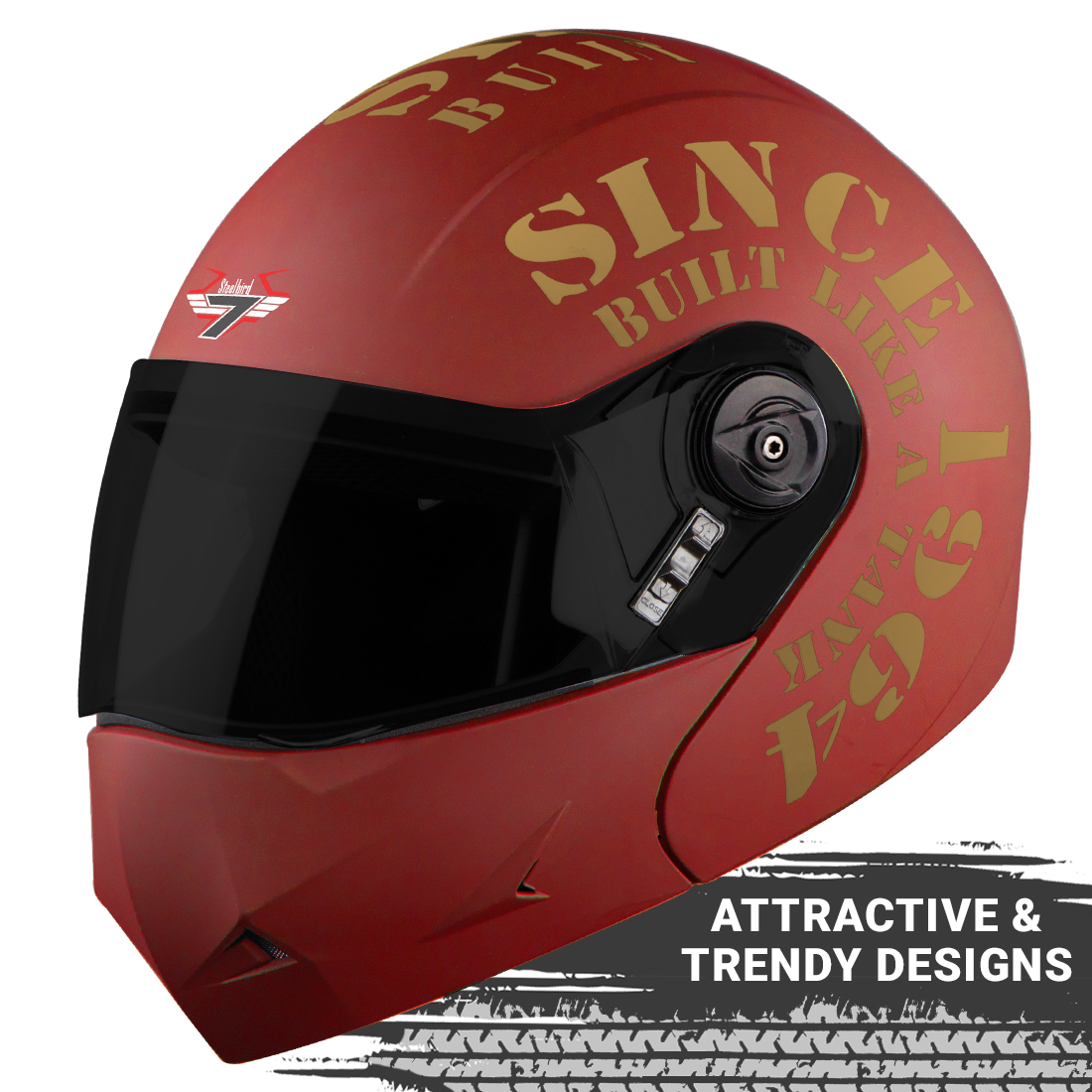 Steelbird SB-45 7Wings Award Tank Flip Up Graphic Helmet (Matt Maroon Gold With Smoke Visor)
