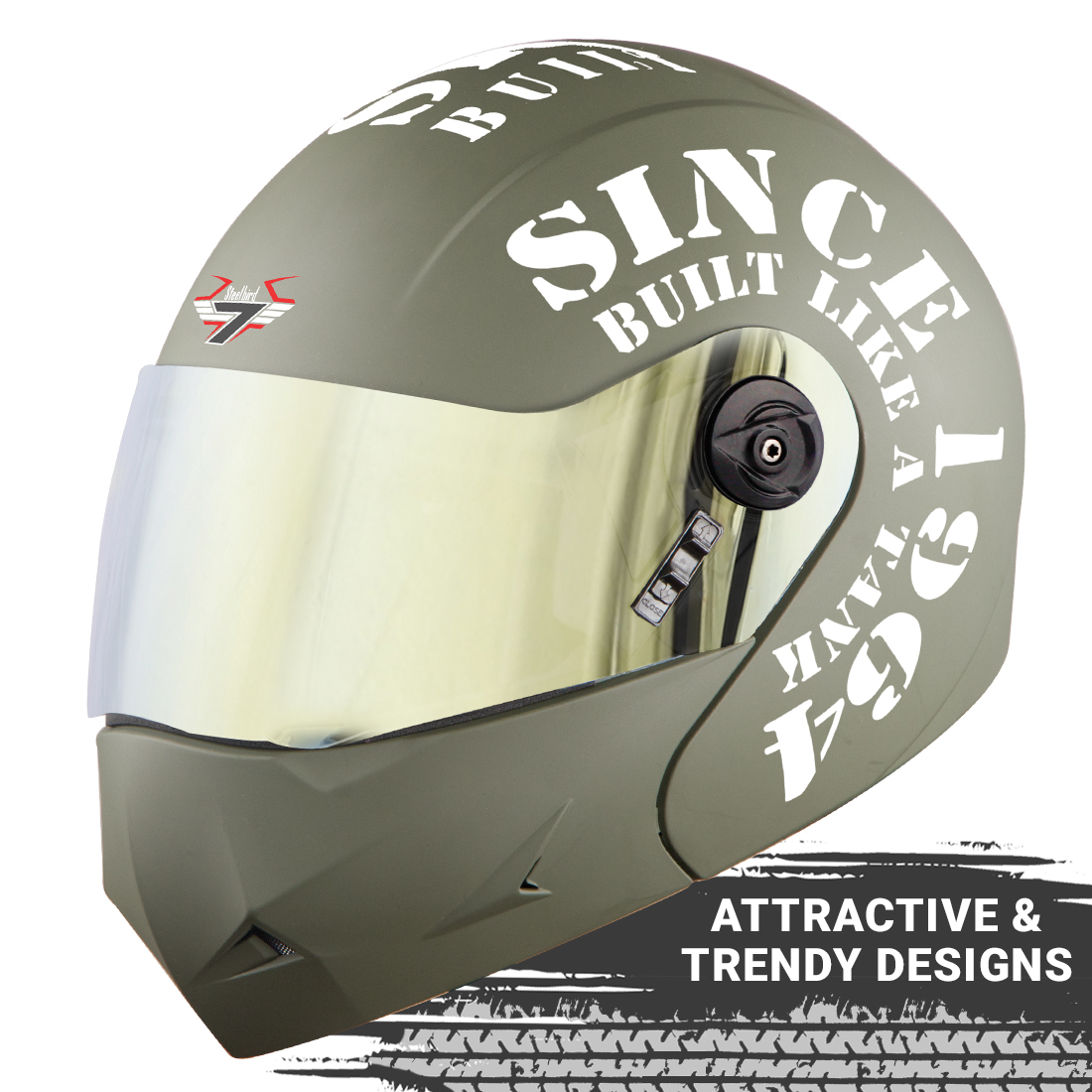 Steelbird SB-45 7Wings Award Tank Flip Up Graphic Helmet (Matt Battle Green White With Chrome Gold Visor)