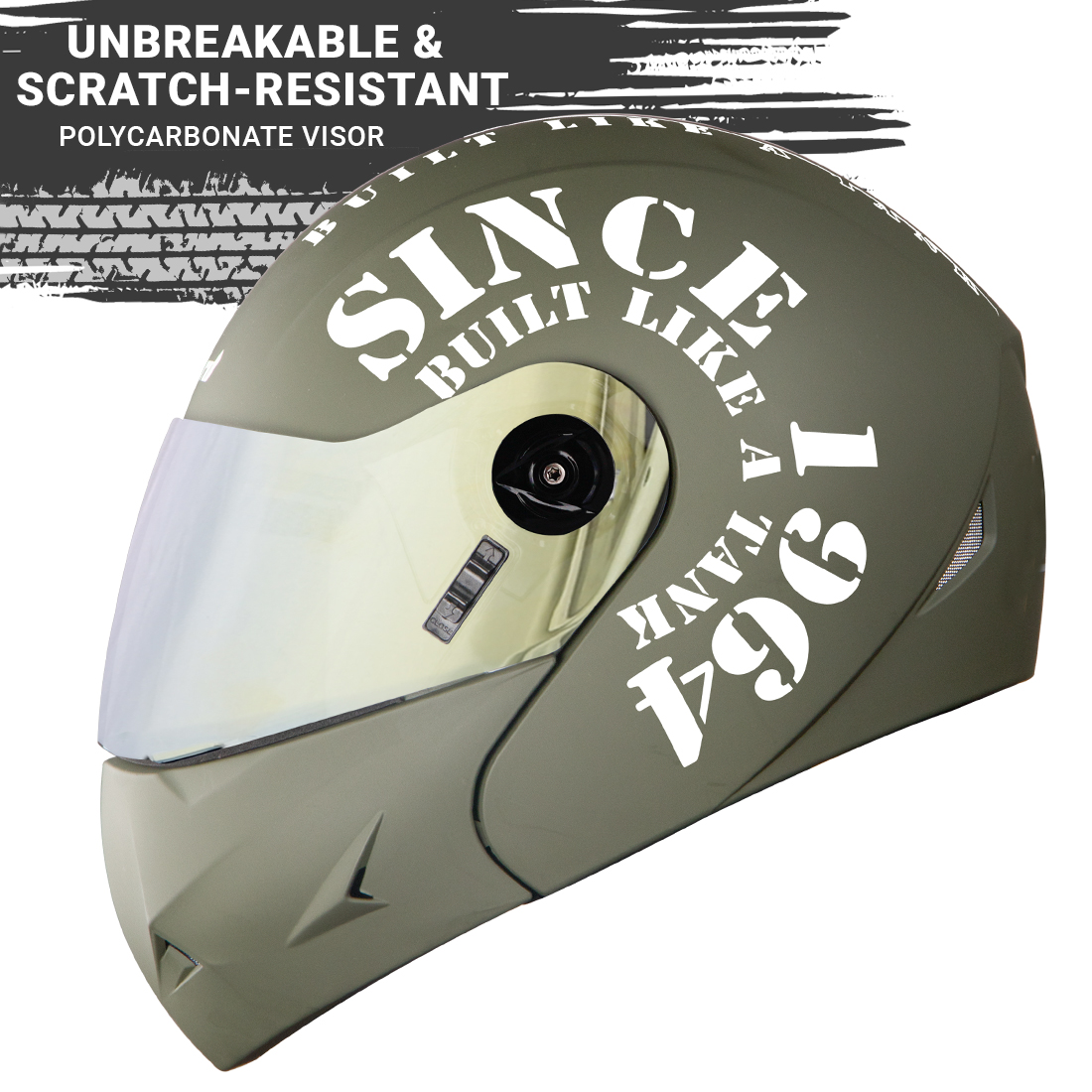 Steelbird SB-45 7Wings Award Tank Flip Up Graphic Helmet (Matt Battle Green White With Chrome Gold Visor)