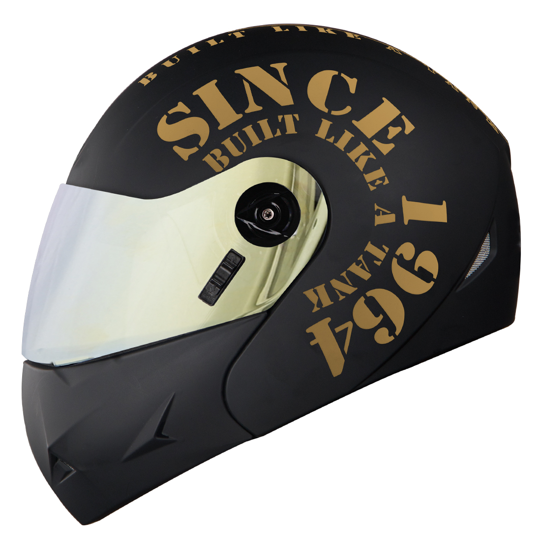 Steelbird SB-45 7Wings Award Tank Flip Up Graphic Helmet (Matt Black Gold With Chrome Gold Visor)