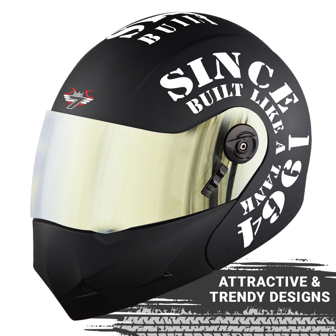 Steelbird SB-45 7Wings Award Tank Flip Up Graphic Helmet (Matt Black White With Chrome Gold Visor)
