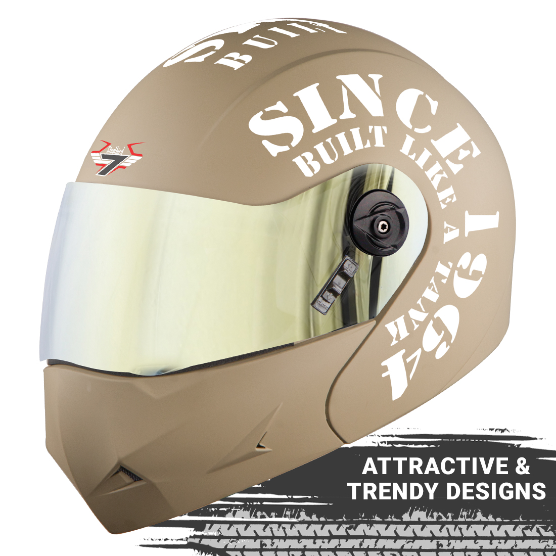 Steelbird SB-45 7Wings Award Tank Flip Up Graphic Helmet (Matt Desert Storm White With Chrome Gold Visor)