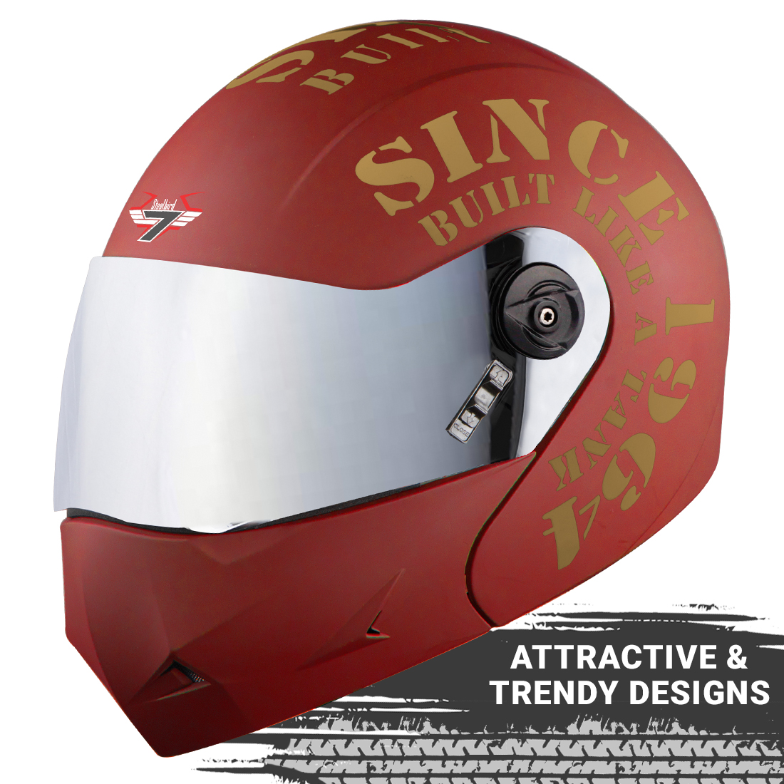Steelbird SB-45 7Wings Award Tank Flip Up Graphic Helmet (Matt Maroon Gold With Chrome Silver Visor)