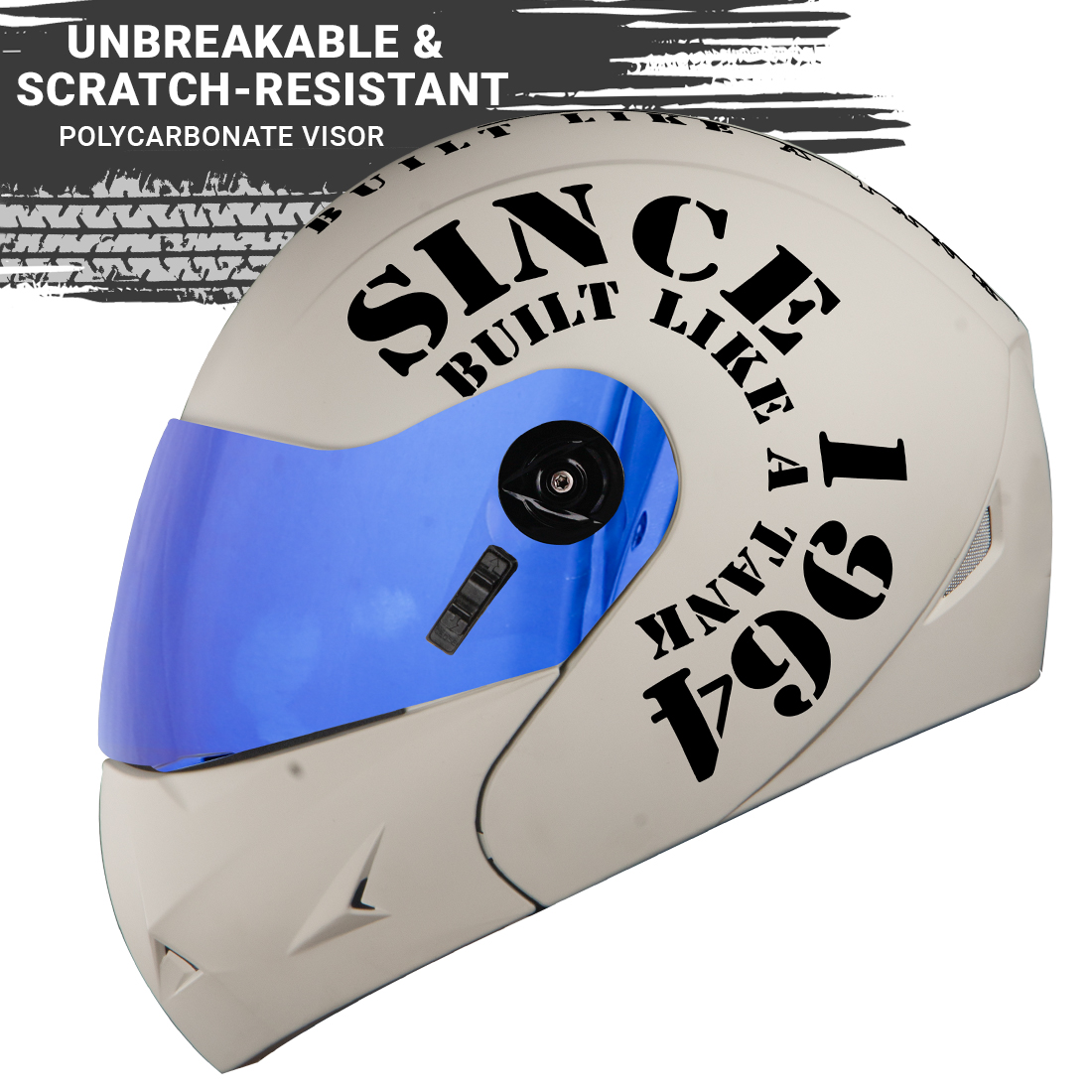 Steelbird SB-45 7Wings Award Tank Flip Up Graphic Helmet (Matt Off White Black With Chrome Blue Visor)