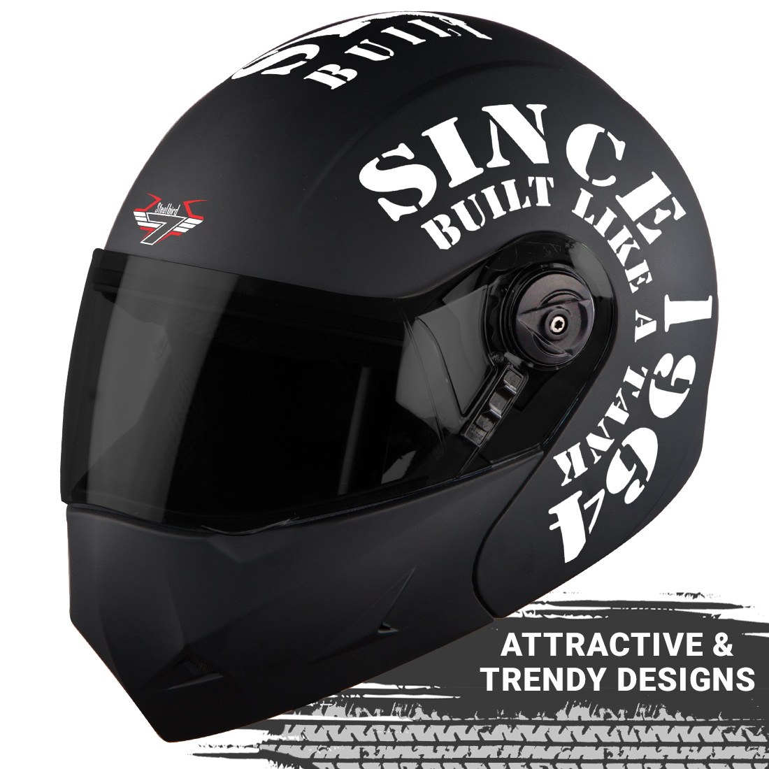 Steelbird SB-45 7Wings Award Tank Flip Up Graphic Helmet (Matt Black White With Smoke Visor)