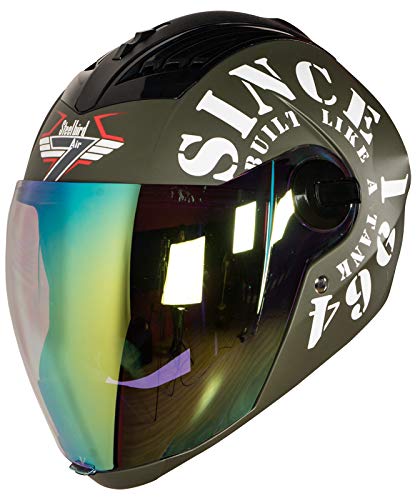 Steelbird SBA-2 Tank ISI Certified Full Face Helmet for Men and Womens (Matt Battle Green White with Night Vision Gold Visor)