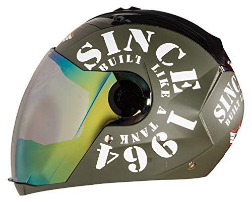 Steelbird SBA-2 Tank ISI Certified Full Face Helmet For Men And Womens (Matt Battle Green White With Night Vision Gold Visor)