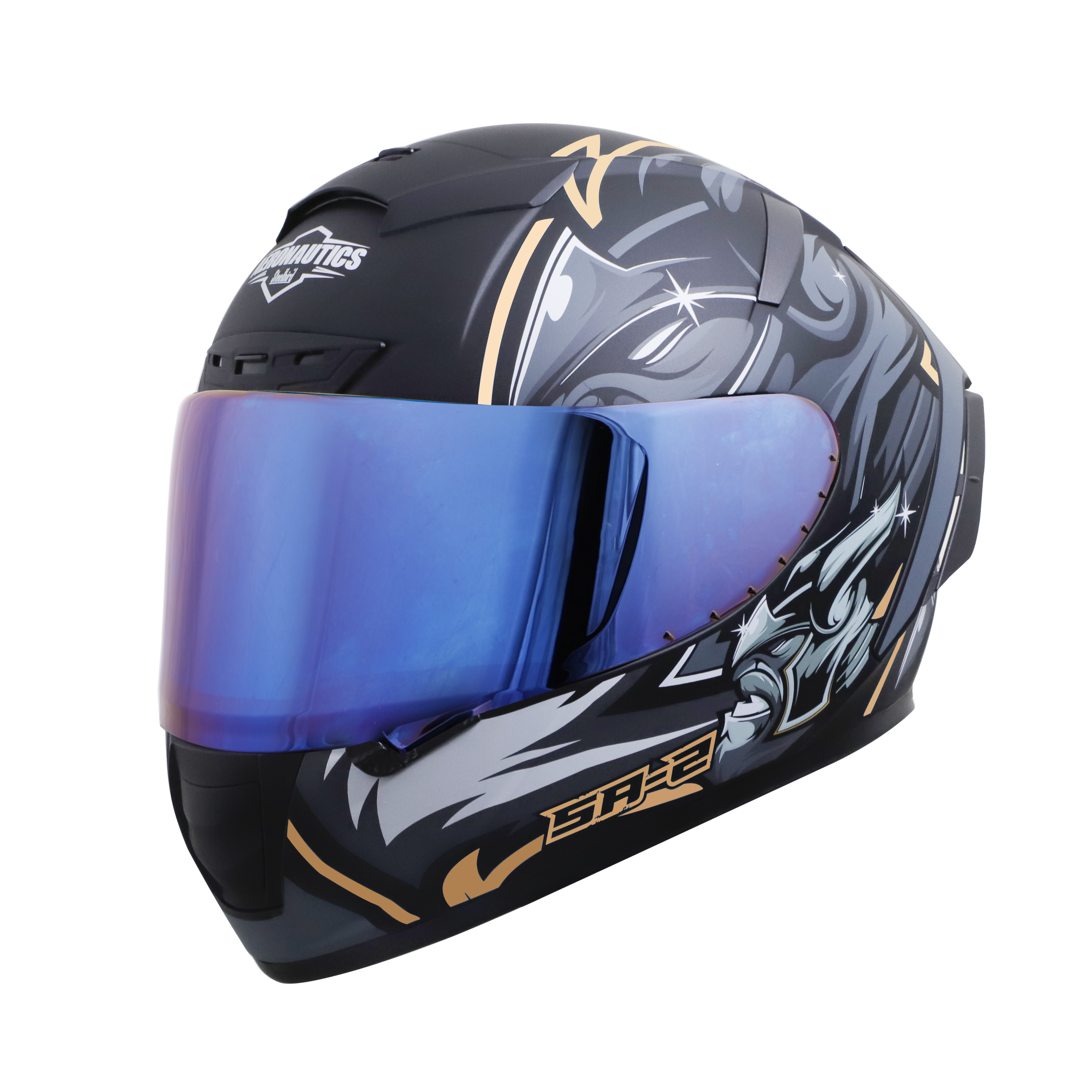 SA-2 VILLAIN GLOSSY BLACK WITH GREY/GOLD (FITTED WITH CLEAR VISOR EXTRA CHROME BLUE VISOR FREE)