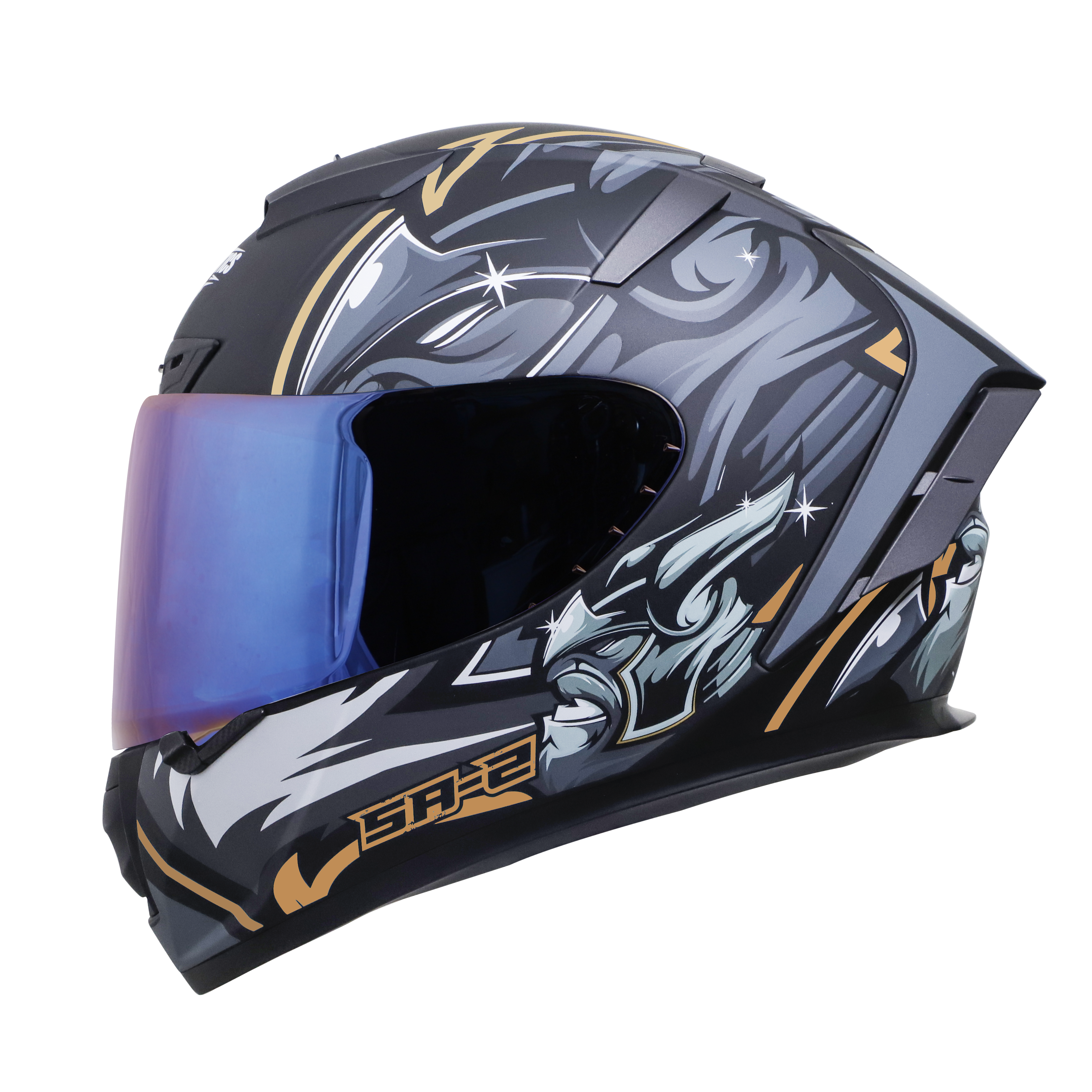 SA-2 VILLAIN MAT BLACK WITH GREY/GOLD (FITTED WITH CLEAR VISOR EXTRA CHROME BLUE VISOR FREE)