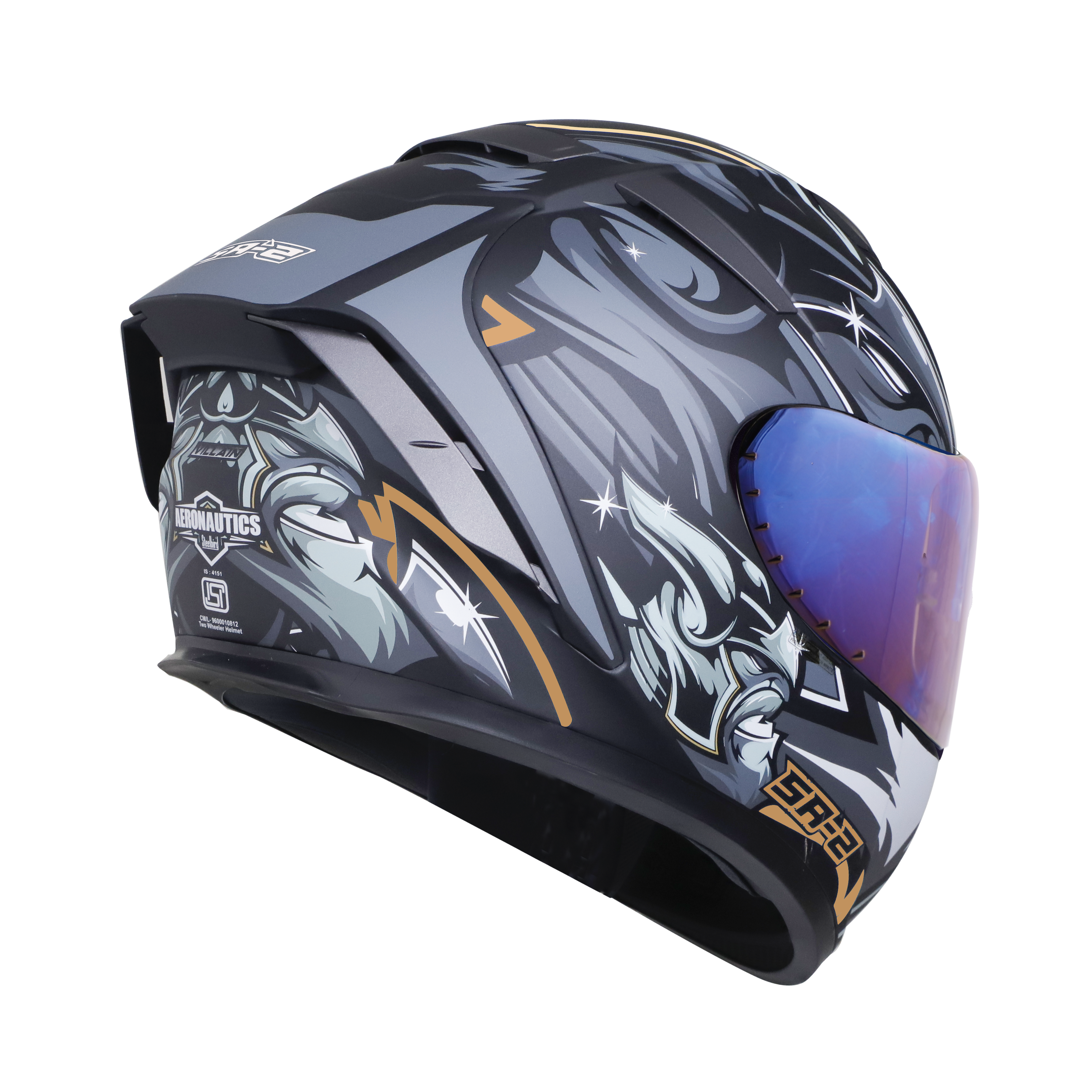 SA-2 VILLAIN MAT BLACK WITH GREY/GOLD (FITTED WITH CLEAR VISOR EXTRA CHROME BLUE VISOR FREE)