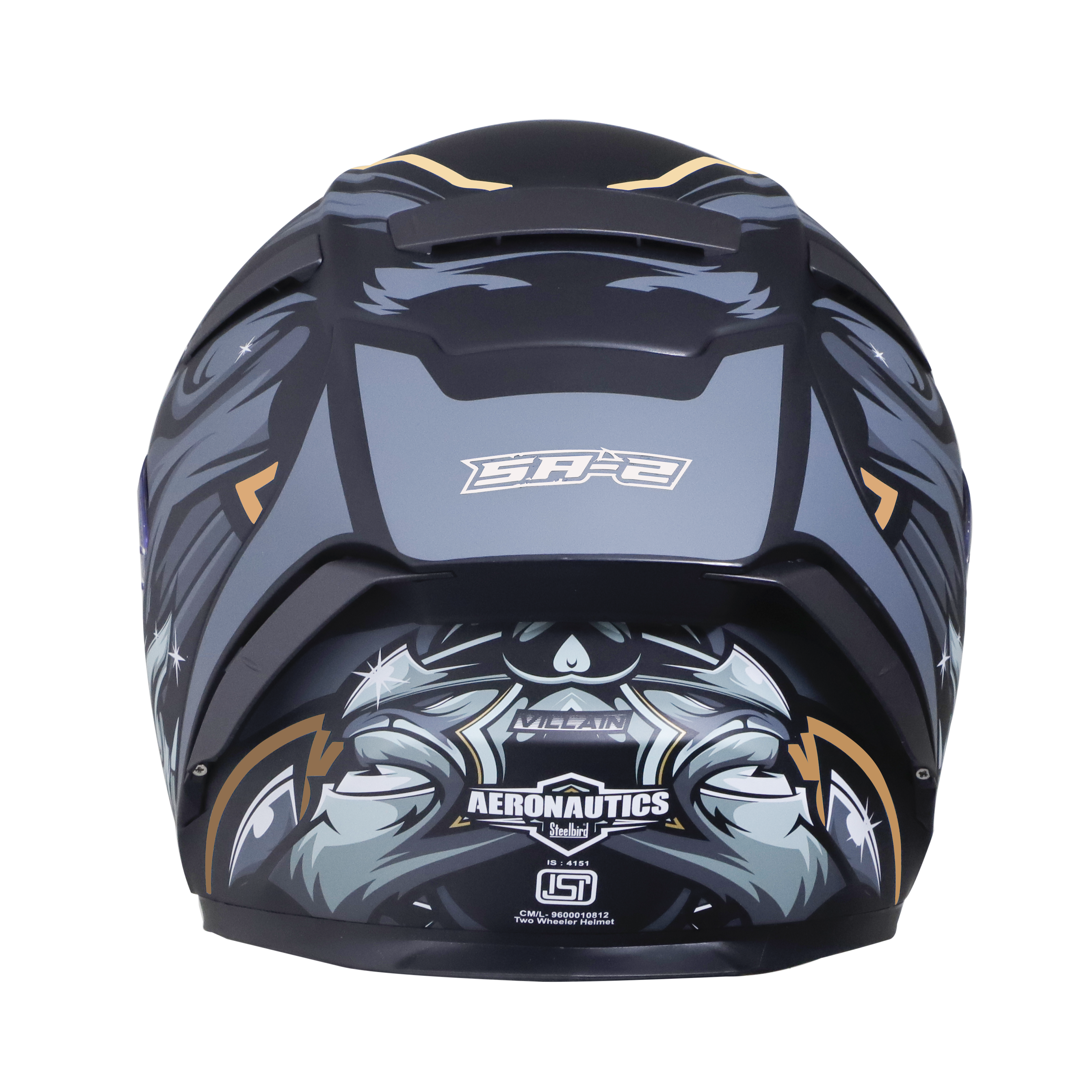 SA-2 VILLAIN GLOSSY BLACK WITH GREY/GOLD (FITTED WITH CLEAR VISOR EXTRA CHROME BLUE VISOR FREE)