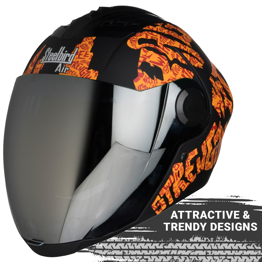 Steelbird SBA-2 Strength Stylish Bike Full Face Helmet (Matt Black Orange With Chrome Silver Visor)