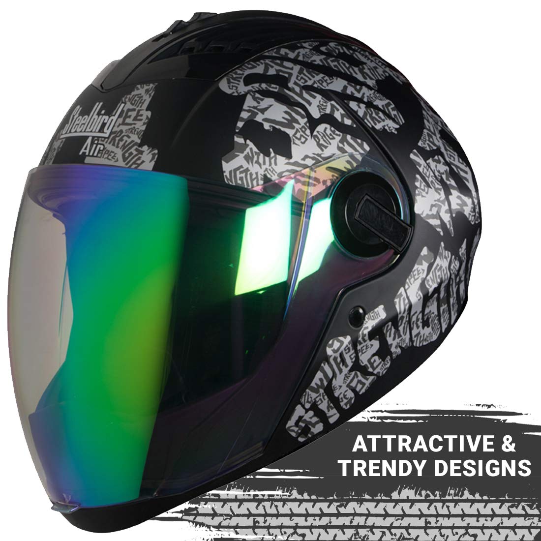 Steelbird SBA-2 Strength Stylish Bike Full Face Helmet (Matt Black Silver With Night Vision Rainbow Visor)