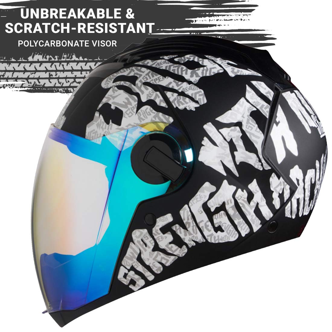 Steelbird SBA-2 Strength Stylish Bike Full Face Helmet (Matt Black White With Night Vision Blue Visor)