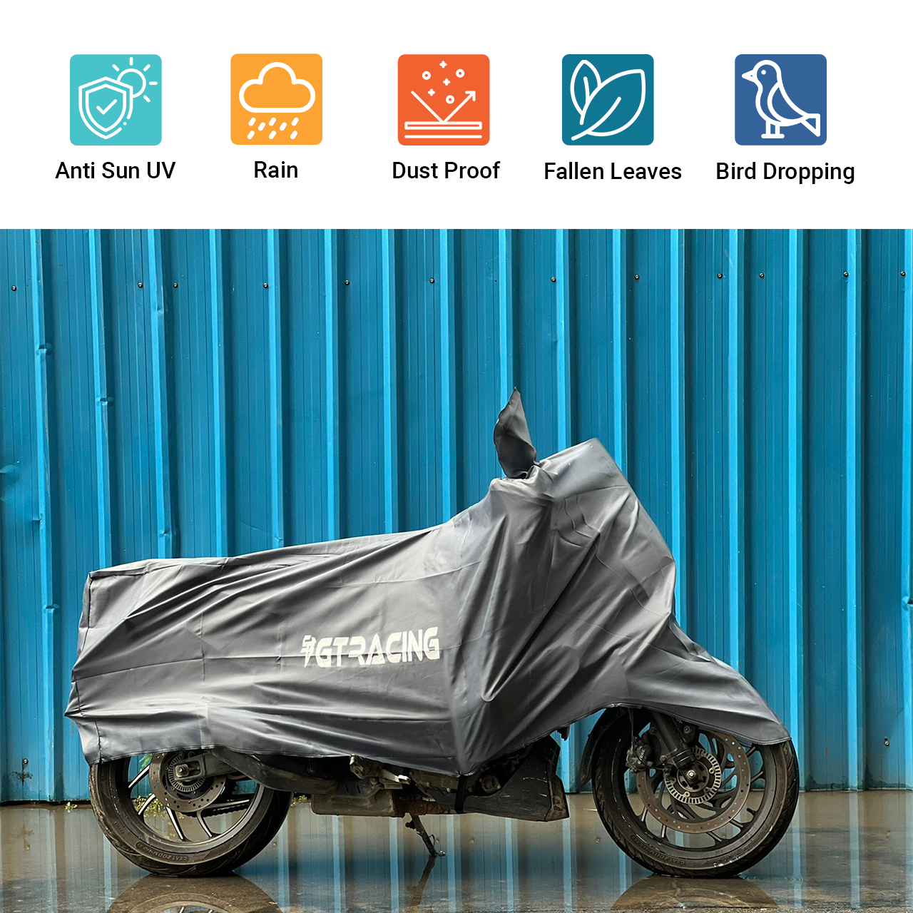 Steelbird Bike Cover GT Racing UV Protection Water-Resistant & Dustproof (Silver Matty), Bike Body Cover With Carry Bag (All Scooter Activa Electric Scooty Size)