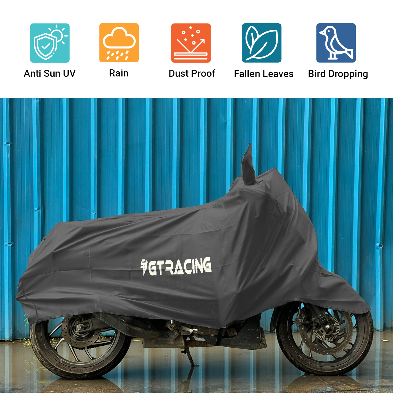 Steelbird Bike Cover GT Racing UV Protection Water-Resistant & Dustproof (2X2 Grey), Bike Body Cover With Carry Bag (All Bikes Upto Pulsar 180cc Size)