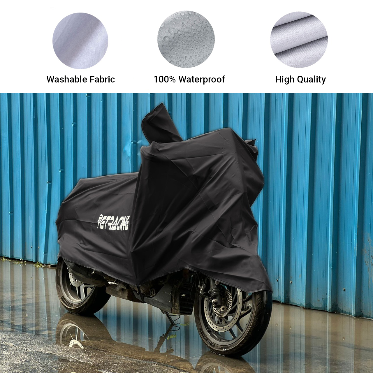 Steelbird 100% Waterproof Bike Cover GT Racing UV Protection Water-Resistant & Dustproof (Black PVC), Bike Body Cover With Carry Bag (All Bikes Upto Pulsar 180cc Size)