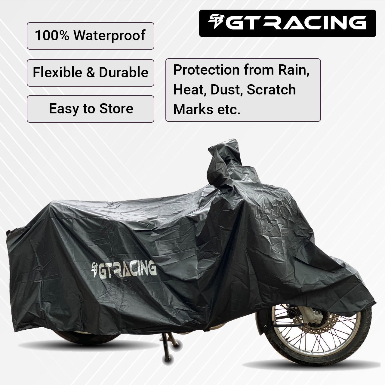 Steelbird 100% Waterproof Bike Cover GT Racing UV Protection Water-Resistant & Dustproof (Black PVC), Bike Body Cover With Carry Bag (All Bikes Upto Cruiser Bikes Size)