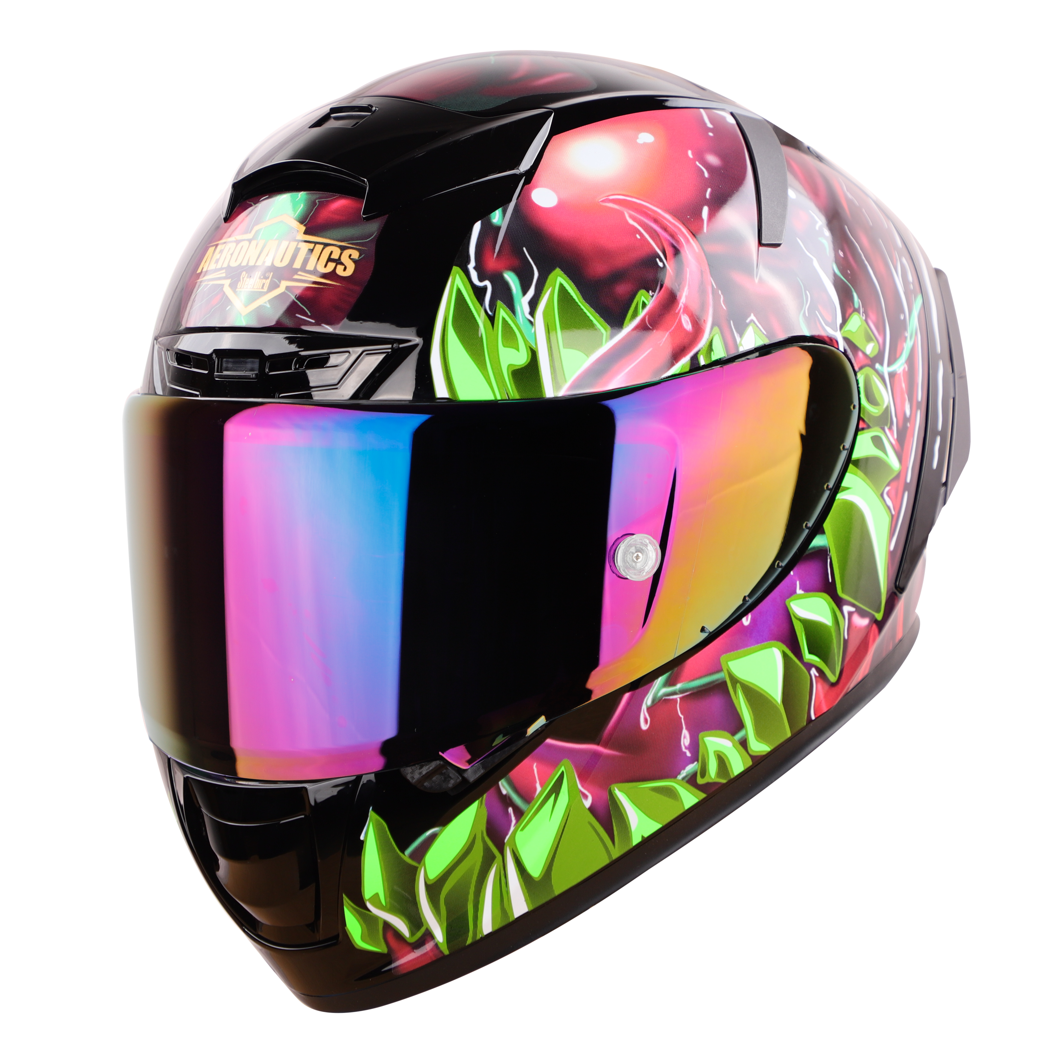 SA-2 FANTASY GLOSSY BLACK WITH GREEN (FITTED WITH CLEAR VISOR EXTRA RAINBOW CHROME VISOR FREE & WITH ANTI-FOG SHIELD HOLDER)