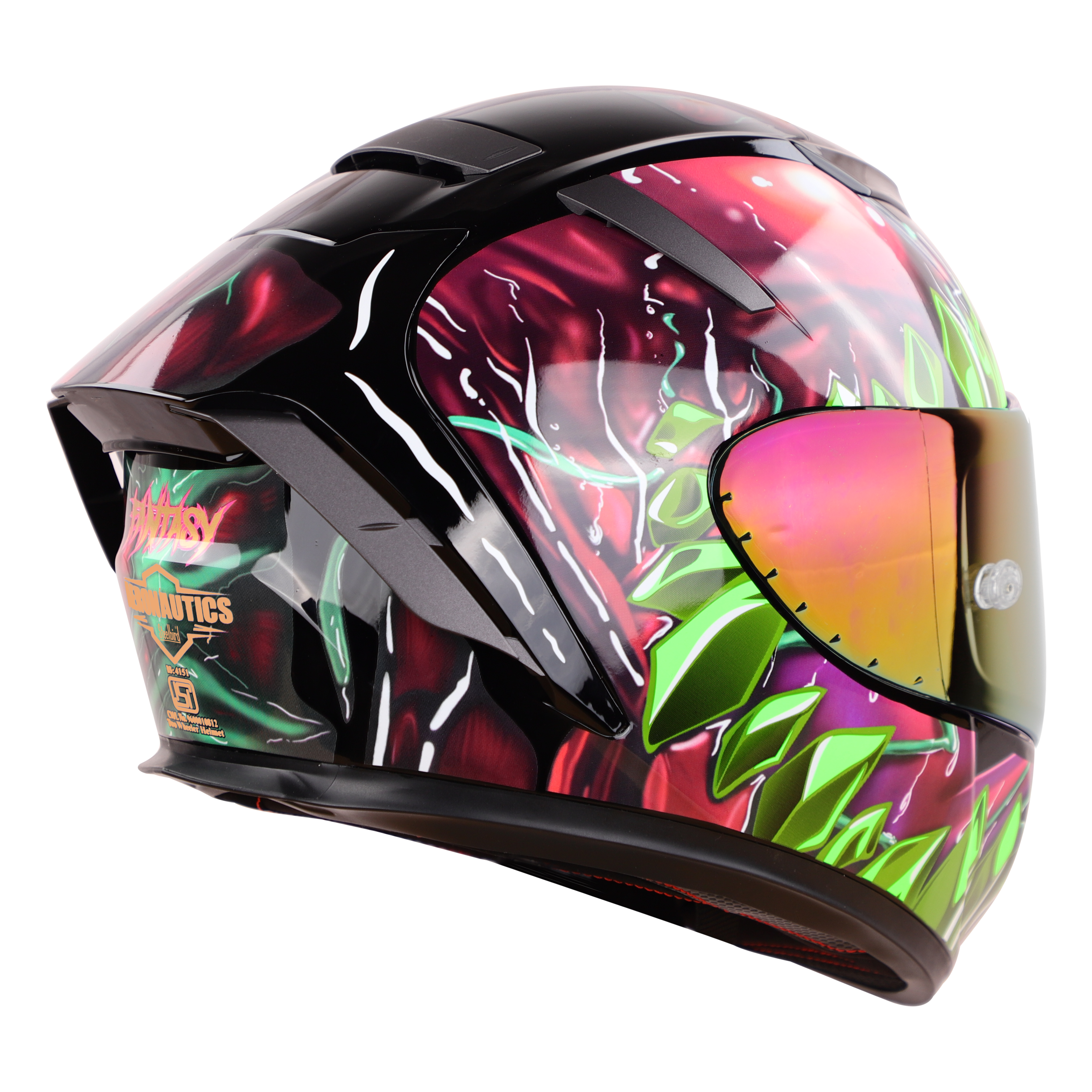 SA-2 FANTASY GLOSSY BLACK WITH GREEN (FITTED WITH CLEAR VISOR EXTRA RAINBOW CHROME VISOR FREE & WITH ANTI-FOG SHIELD HOLDER)