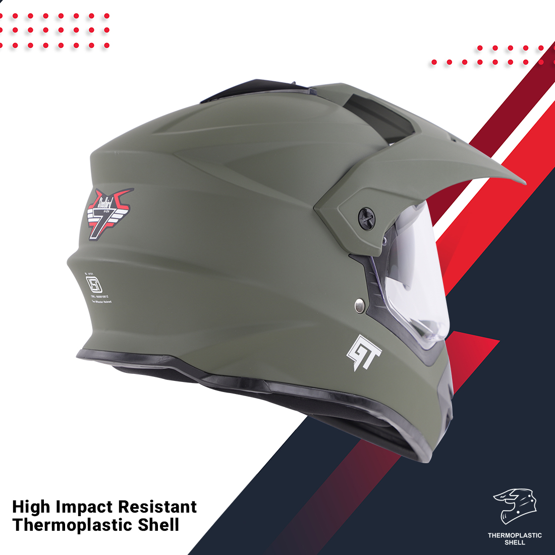 Steelbird Off Road GT ISI Certified Motocross Helmet For Men With Inner Sun Shield (Matt Battle Green With Clear Visor)